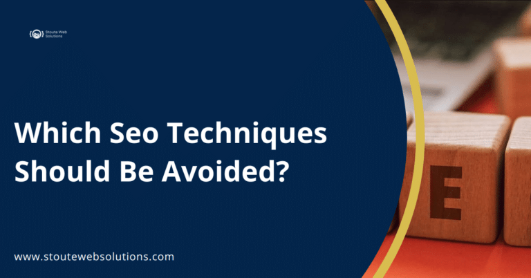A digital graphic with a dark blue background and white text that reads, "Which SEO Techniques Should Be Avoided?" accompanied by a blurred background of wooden blocks with letters.