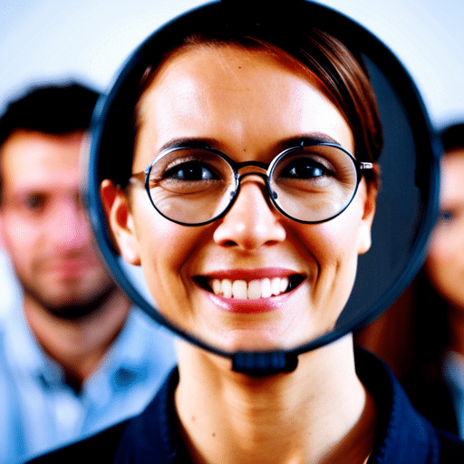 The face of a lady is zoomed in using a magnifying glass.