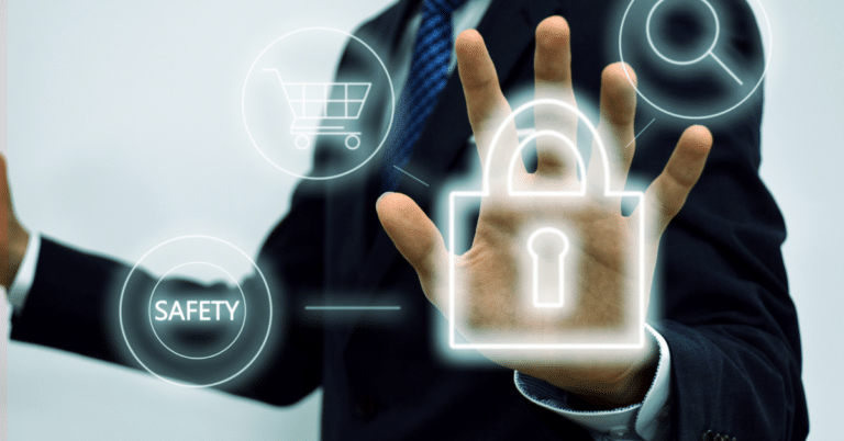 A man in a business suit is about to touch a digital padlock.