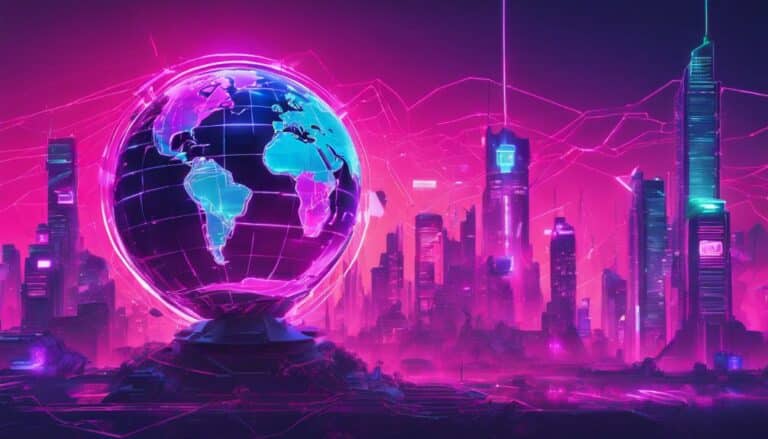 Futuristic cityscape with a neon-lit globe showing the Americas, electric lines, and a high-tech skyline against a vibrant pink and purple background.